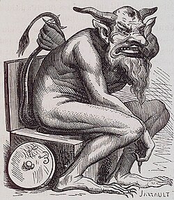 Mozgatható árnyékszéken[1] trónoló ábrázolása A Pokol Enciklopédiájában (Dictionnaire Infernal, 1818)