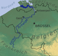 Relief map showing the Escaut/Scheldt river