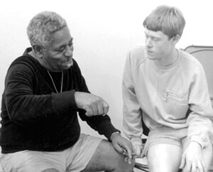 Dizzy Gillespie et le batteur Bill Stewart en 1984 au Stanford Jazz Workshop