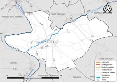 Carte en couleur présentant le réseau hydrographique de la commune