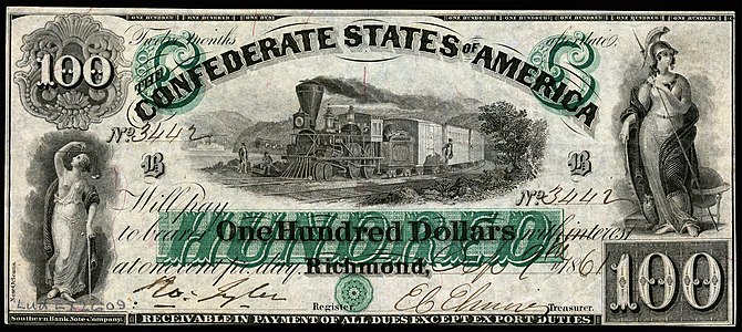 $100 Confederate States of America note from 1861, showing Allegory of Justice, Minerva, and Hudson River Railroad vignette