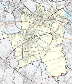 Mapa konturowa Katowic, u góry nieco na prawo znajduje się punkt z opisem „Kamienica przy ul. Bogucickiej 6”