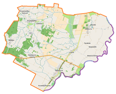 Mapa konturowa gminy Sławatycze, na dole znajduje się punkt z opisem „Cerkiew parafialna”