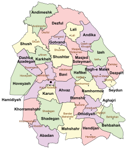 Location of Karun County in Khuzestan province (center left, yellow)