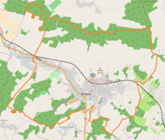 Mapa konturowa Olszyny, blisko centrum na dole znajduje się punkt z opisem „Parafia św. Józefa Oblubieńca Najświętszej Maryi Panny”