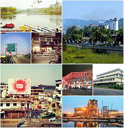 By clockwise : Bongaigaon Railway Crossing view of Mayapuri area, Night view of New Bongaigaon Junction railway station, Chilarai Indoor Games Stadium located at Borpara, Lighting view of NTPC Bongaigaon Thermal Power Project at Salakati, Aerial view of Station Road near ASTC Bus Stand, Chapaguri Road View and Koya Kujia Eco Tourism Park.