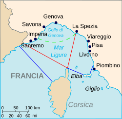 Carte de la mer de Ligurie avec en rouge ses limites selon l'Organisation hydrographique internationale et en bleu selon l'Institut hydrographique de la Marine militaire italienne.