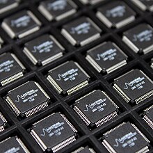 A tray of application-specific integrated circuit (ASIC) chips.