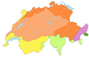 Carte colorée de la suisse indiquant les bassins hydrologique, la carte montre que le bassin du Rhin et de l'Aar couvre la plus grande partie du territoire, plus des deux tiers.