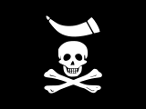 Interpretation of a flag Commodore Roggewein described in 1721 as "a black flag, with a Death's head in the centre, a powder horn over it and two bones underneath".[46]