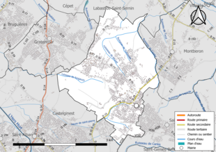 Carte en couleur présentant le réseau hydrographique de la commune