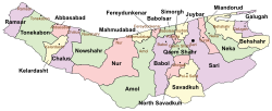 Location of Qaem Shahr County in Mazandaran province (center right, green)