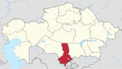 Map of Kazakhstan, location of South Kazakhstan Province highlighted