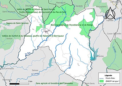 Carte des ZNIEFF de type 1 sur la commune.