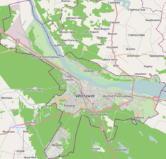 Mapa konturowa Włocławka, w centrum znajduje się punkt z opisem „Bazylika katedralna Wniebowzięcia NMPwe Włocławku”