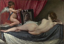 Pintura mitológica, que esencialmente es un desnudo femenino: Venus del espejo (1647-1651), de Diego Velázquez.