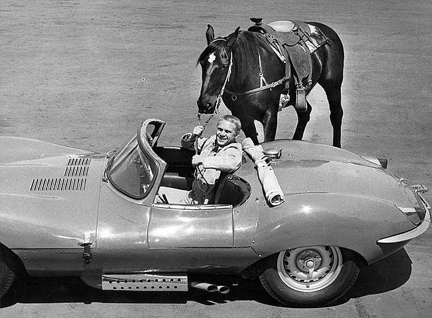 Steve McQueen with orse and car: