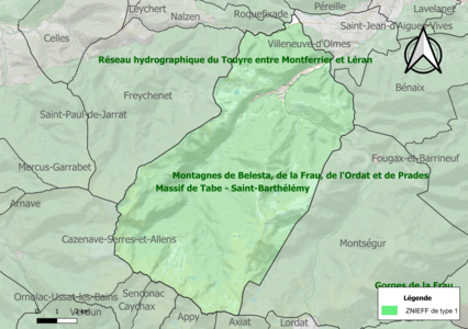 Carte des ZNIEFF de type 1 sur la commune.