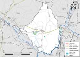 Carte en couleur présentant le réseau hydrographique de la commune