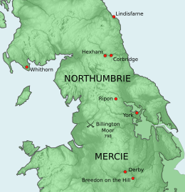 Carte resserrée sur la Northumbrie et la Mercie où figurent les lieux mentionnés dans l'article.