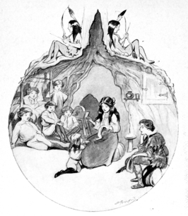 Wendy Schat herstelt kleren (midden). Uit The Peter Pan Alphabet van Oliver Herford (1907)