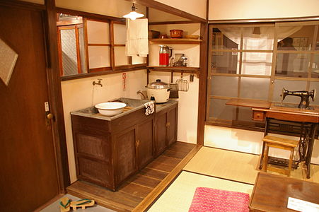 A mid-20th-century Japanese kitchen, with shoji and half-frosted glass sliding doors.