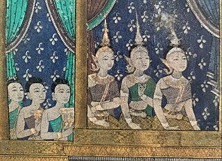 Khmer women depicted in a 1903 Khmer mural (This costume influenced Thailand in the late 17th century)