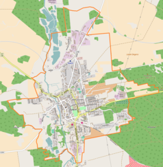 Mapa konturowa Sulęcina, blisko centrum na dole znajduje się punkt z opisem „Kościół św. Mikołaja w Sulęcinie”