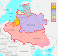 La république des Deux Nations en 1619 : (1) royaume de Pologne (saumon) ; (2) duché de Prusse, fief de Pologne (jaune) ; (3) grand-duché de Lituanie (violet) ; (4) Livonie (vert) ; (5) duché de Courlande, fief de Livonie (jaune clair) ; (6) territoire contrôlé par les Cosaques zaporogues (rose)