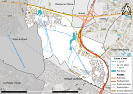 Carte en couleur présentant le réseau hydrographique de la commune