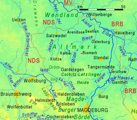 La región de Altmark entre la Baja Sajonia (NDS) y Brandeburgo (BRB).