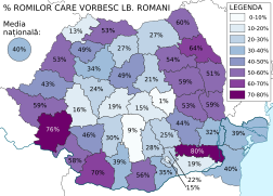 Percentage van de Roma die het Romani als moedertaal gebruiken (2011)