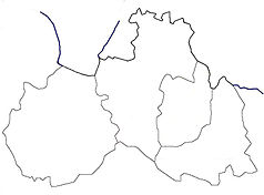 Mapa konturowa kraju libereckiego, blisko centrum na prawo znajduje się punkt z opisem „Jablonec nad Nysą”