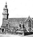 Saint-Sauveur (Finistère) : l'église entourée du cimetière et le monument aux morts vers 1930 (carte postale Émile Hamonic).