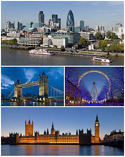 Londýnská City, Tower Bridge a Londýnské oko, Westminsterský palác s Alžbětinou věží se zvonem Big Ben[1].