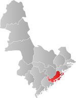 Mapa do condado de Aust-Agder com Arendal em destaque.