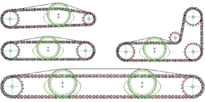Configuracions diverses amb una cadena de rodets. Les rodes verdes indiquen rodes de tensionament