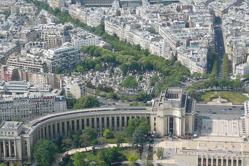 The Trocadéro from the Eiffel Tower, Passy Cemetery can be seen on the left of center behind the Palais de Chaillot