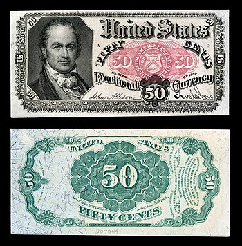 Obverse and reverse of a fifty-cent fifth-issue fractional-currency banknote