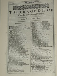 Faksimil av första sidan i The Tragedie of Othello, the Moore of Venice från First Folio, publicerad 1623