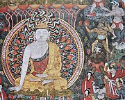 La primera representación conocida de una lanza de fuego (esquina superior derecha), Dunhuang, 950 DC.[14]​