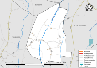 Carte en couleur présentant le réseau hydrographique de la commune