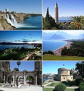 Clockwise from top left: Düden Waterfalls, Yivliminare Mosque, Konyaaltı, Hıdırlık Tower, Hadrian's Gate and Falez Park at night.