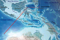 Map of Wallacea; upper right corner facing north. The red line denotes the western border of Wallacea. The eastern border corresponds to the light Australia–New Guinea shelf.