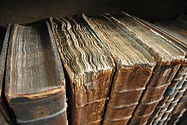 Old hardcover books at the Merton College library