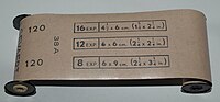 A guide on a roll of 120 film showing how many exposures it can take with different frame sizes