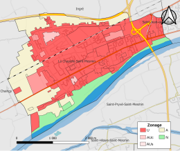 Carte simplifiée de la commune, différenciant avec différentes couleurs les zones urbaines, à urbaniser et naturelles.