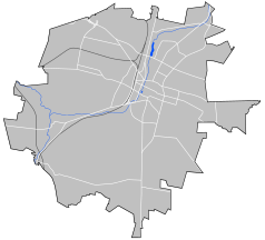 Mapa konturowa Kielc, w centrum znajduje się czarny trójkącik z opisem „Kadzielnia”