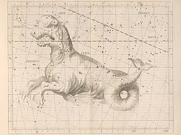 イギリスの天文学者ジョン・フラムスティードの『天球図譜 (Atlas Coelestis)』(1729) に描かれた Cetus。前脚ととぐろを巻く尾を持つ半獣半魚の怪物として描かれている。