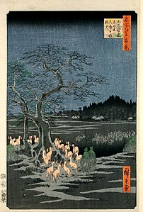 Foinos de fueu na Nuechevieya sol árbol enoki cerca d'Ōji (王子装束ゑの木大晦日の狐火, Ōji Shōzoku enoki Ōmisoka non kitsunebi?).